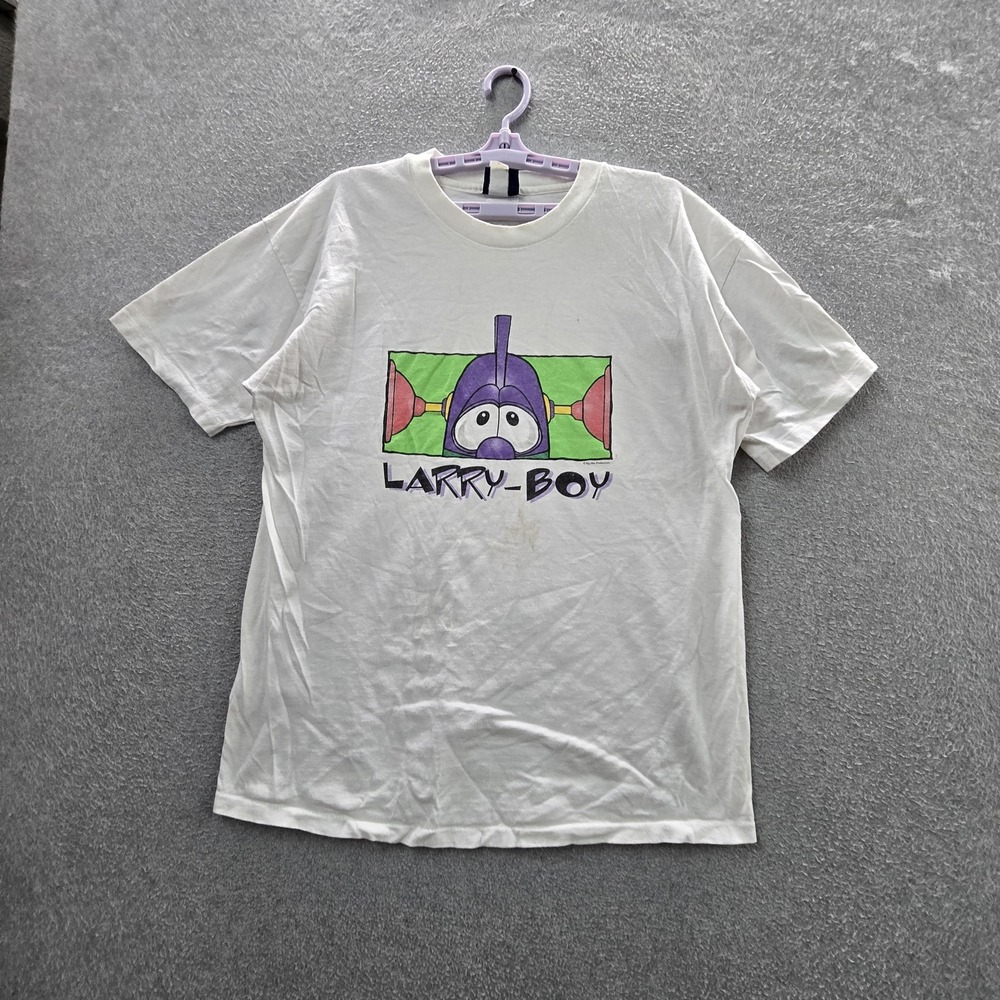 VINTAGE Las Larry Boy Men Shirt XL White Single Stitch Veggietales 90s READ